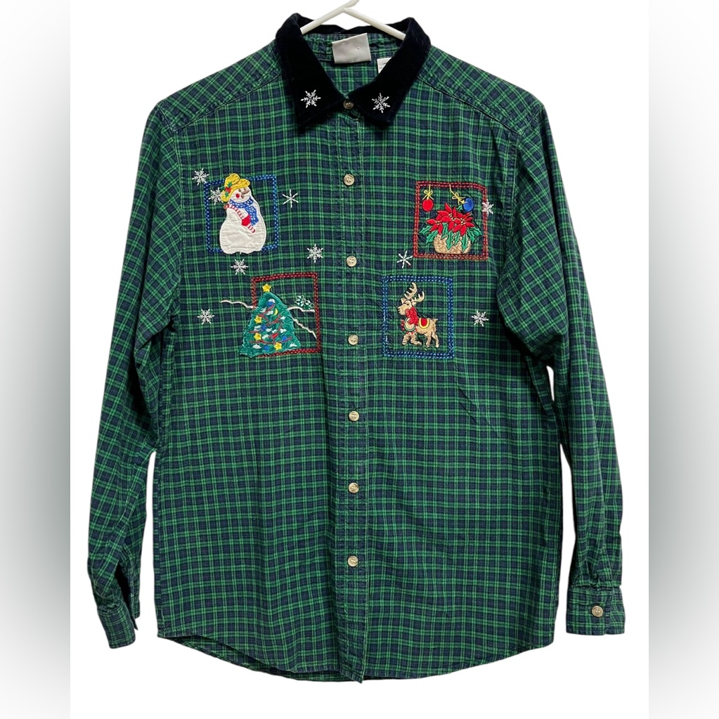 Bobbie Brooks Vintage Embroidered Flannel Christmas Shirt Women’s Size Small